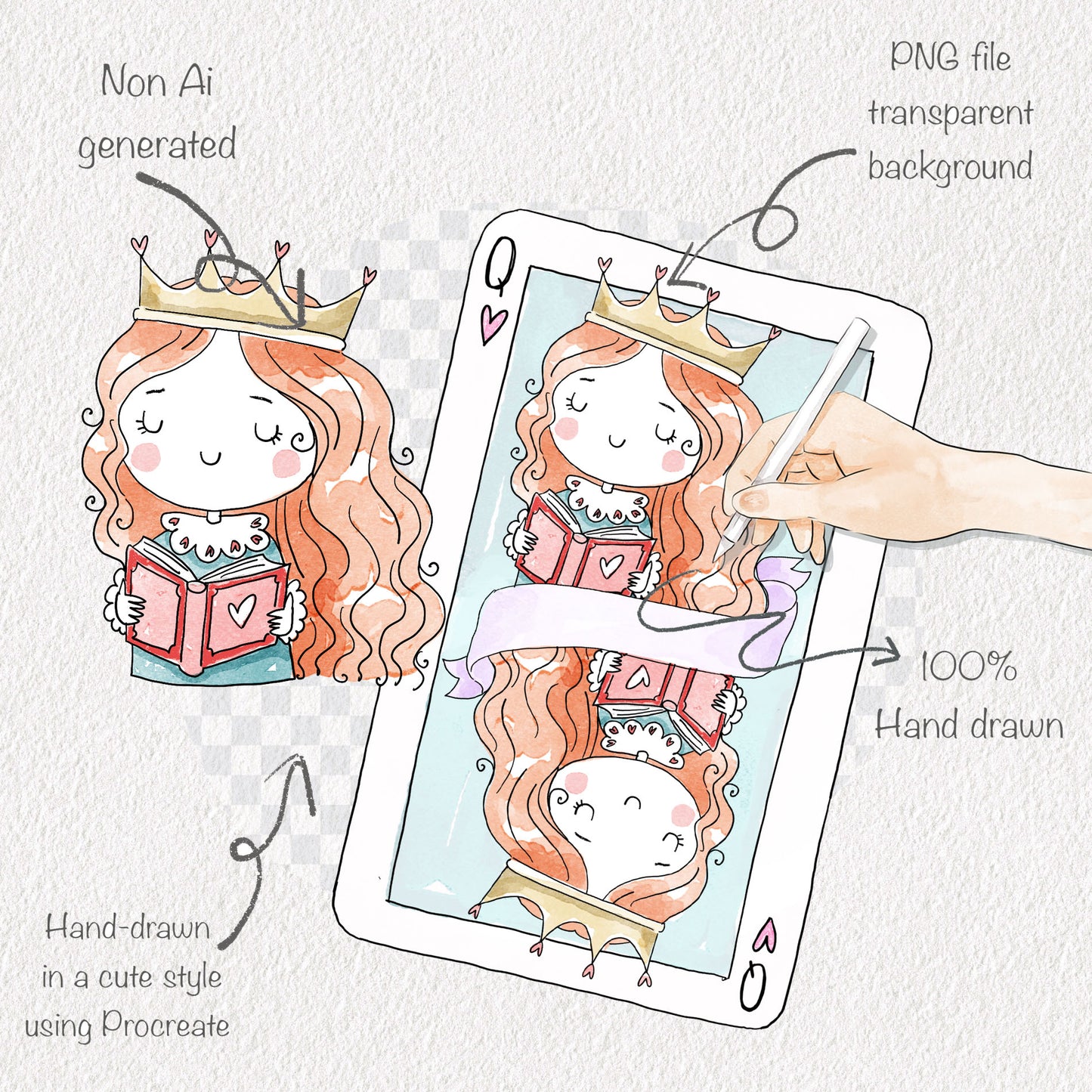 Queen of books set 1 Hand Drawn clipart instant download PNG file - 300 dpi