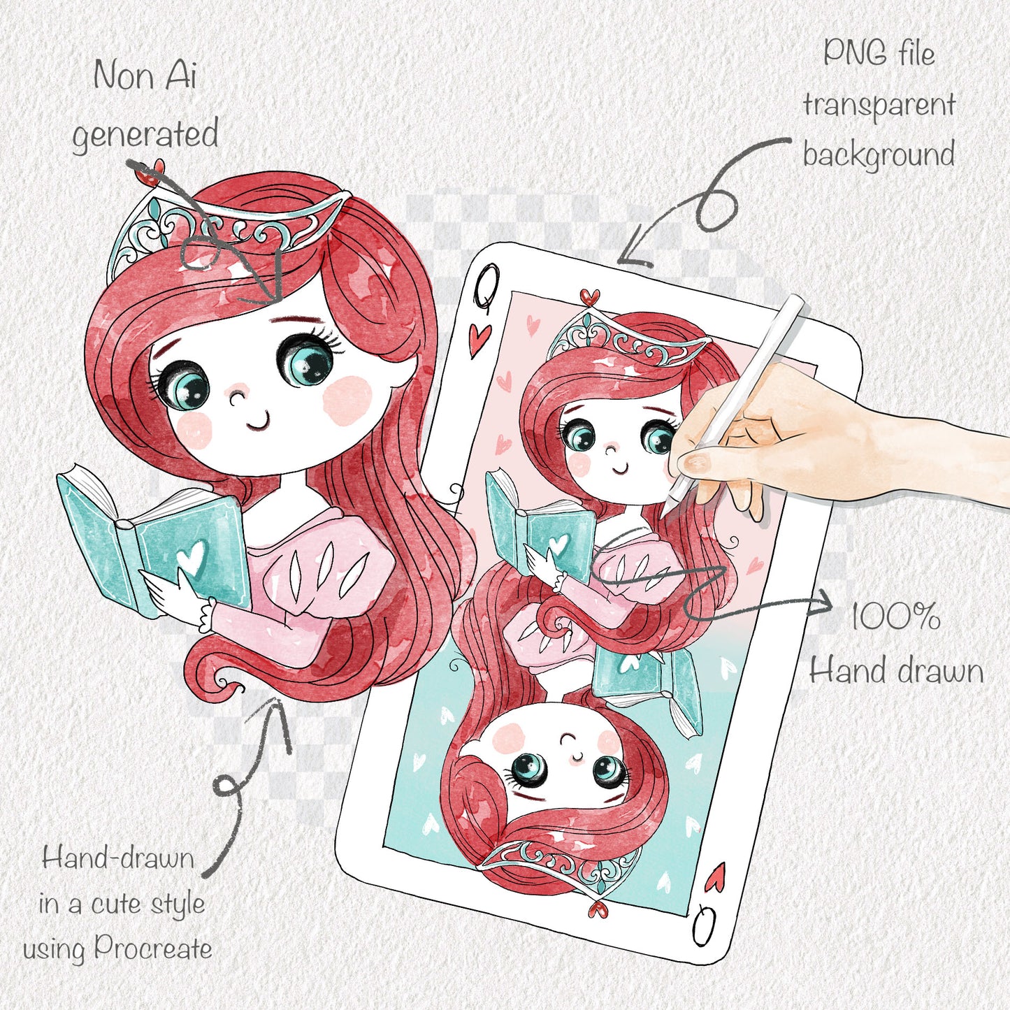 Queen of books set 2 Hand Drawn clipart instant download PNG file - 300 dpi