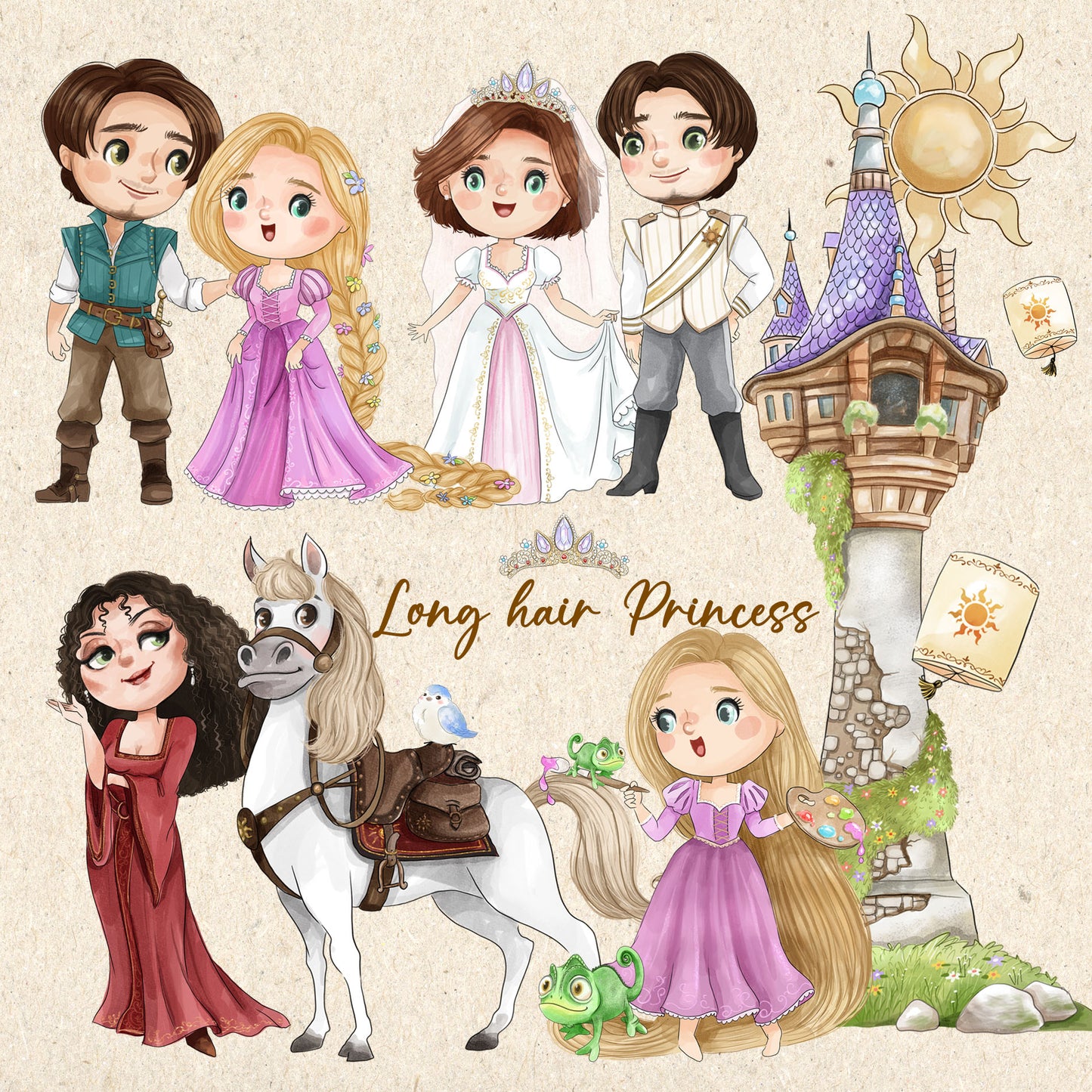 Long Hair Princess inspiration ClipArt instant download PNG file - 300 dpi