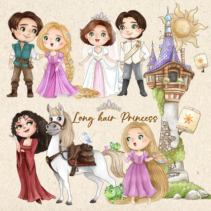 Long Hair Princess inspiration ClipArt instant download PNG file - 300 dpi