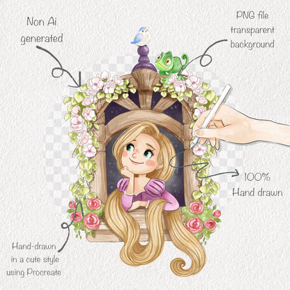 Long Hair Princess inspiration ClipArt instant download PNG file - 300 dpi