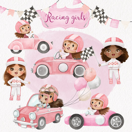 Cute Racing Girl Clipart, Race car clipart PNG files.