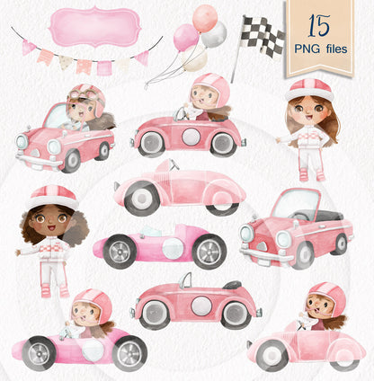 Cute Racing Girl Clipart, Race car clipart PNG files.