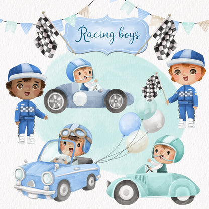 Cute Racing Boy Clipart, Race car clipart PNG files.