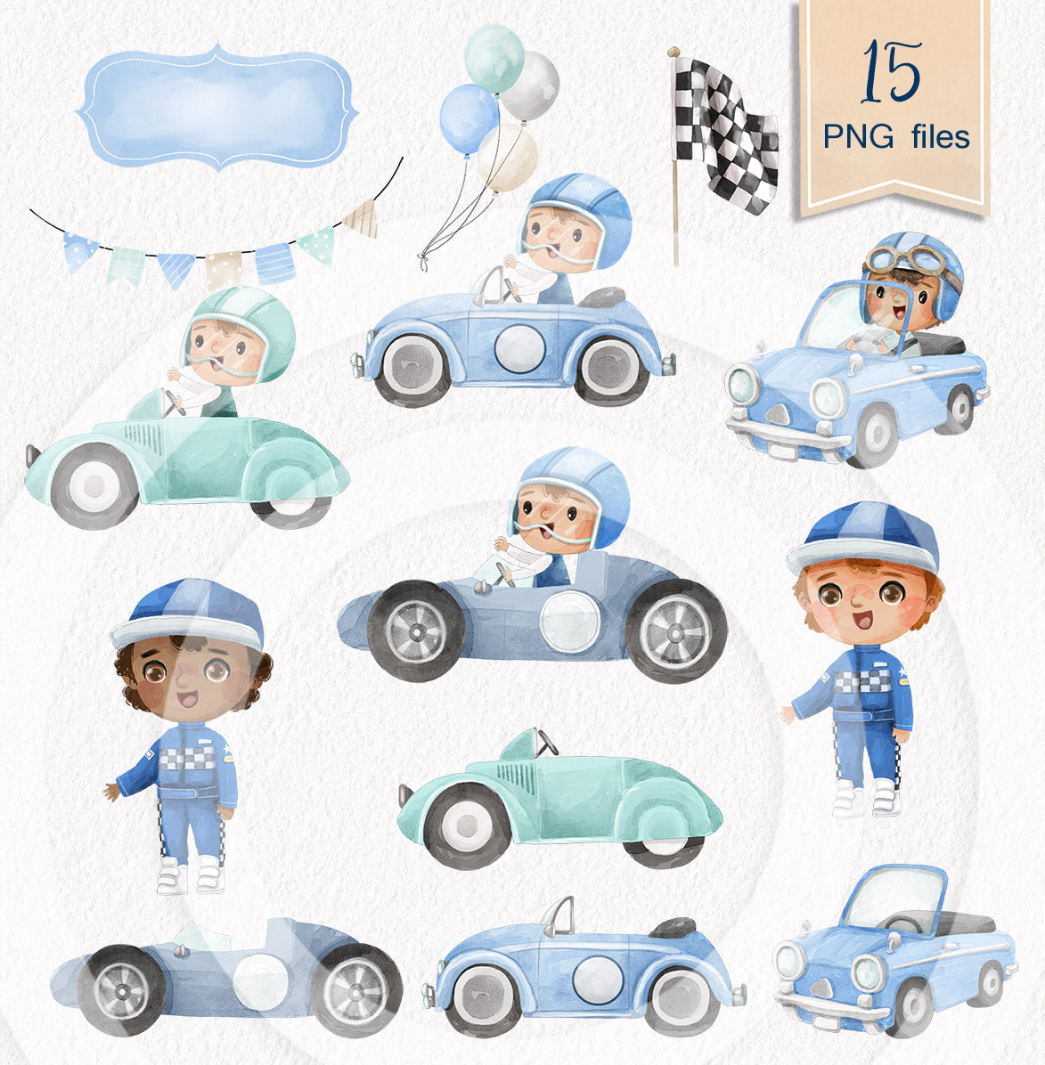 Cute Racing Boy Clipart, Race car clipart PNG files.