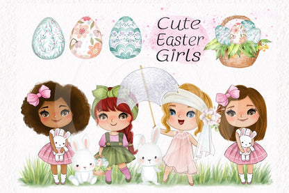 Cute Easter girls clipart instant download PNG file - 300 dpi