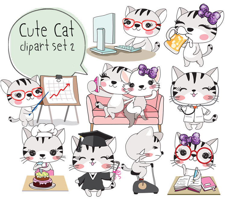 Cute cat clipart set 2 Instant Download PNG file - 300 dpi