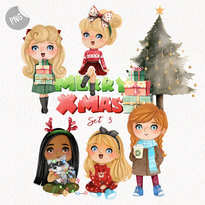 Christmas cute girls clipart set3 instant download PNG file - 300 dpi