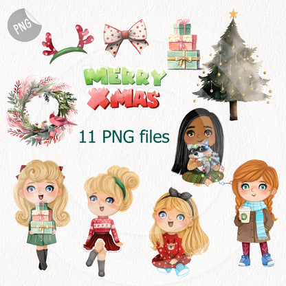 Christmas cute girls clipart set3 instant download PNG file - 300 dpi