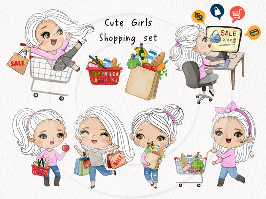 Cute shopping girls clipart instant download PNG file - 300 dpi