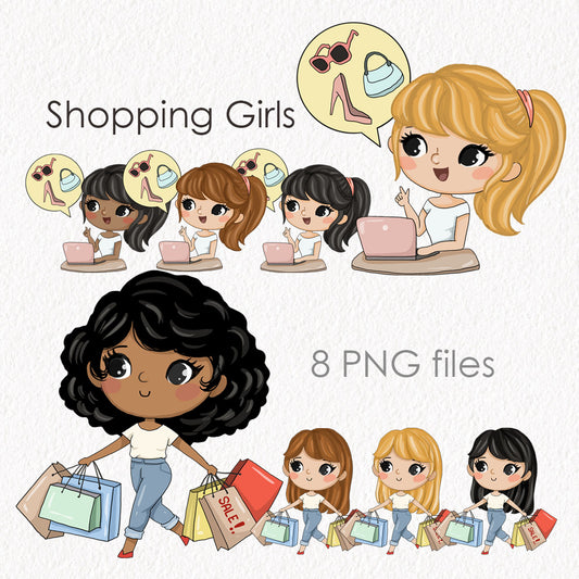 Shopping girls clipart instant download PNG file - 300 dpi