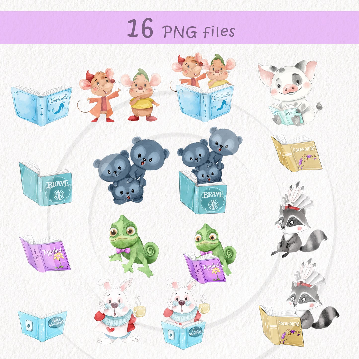 Cute animals reading book clipart set2, Hand drawn clipart, PNG file - 300 dpi