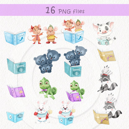 Cute animals reading book clipart set2, Hand drawn clipart, PNG file - 300 dpi