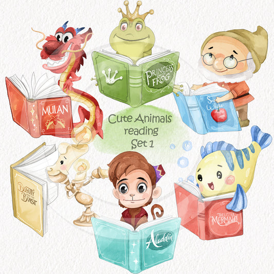 Cute animals reading book clipart set1, Hand drawn clipart, PNG file - 300 dpi