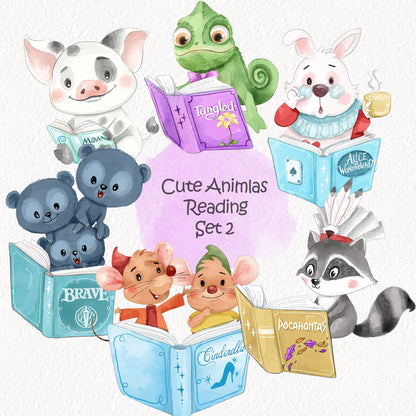 Cute animals reading book clipart set2, Hand drawn clipart, PNG file - 300 dpi