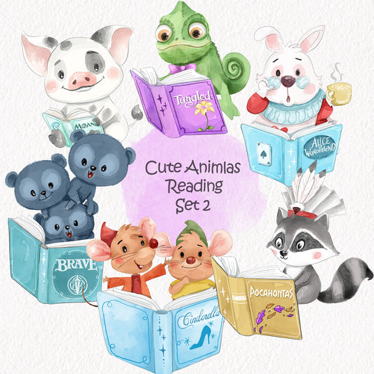 Cute animals reading book clipart set2, Hand drawn clipart, PNG file - 300 dpi