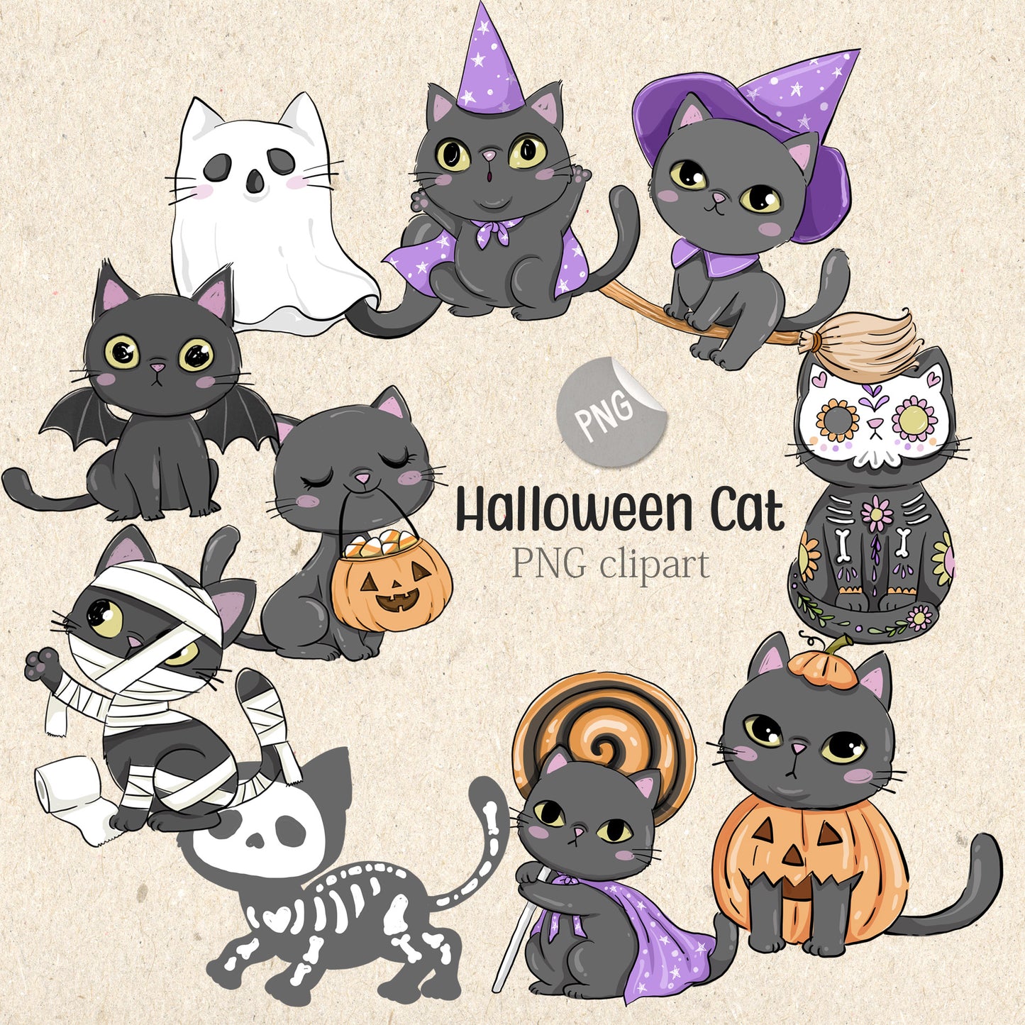 Halloween cat clipart PNG files.