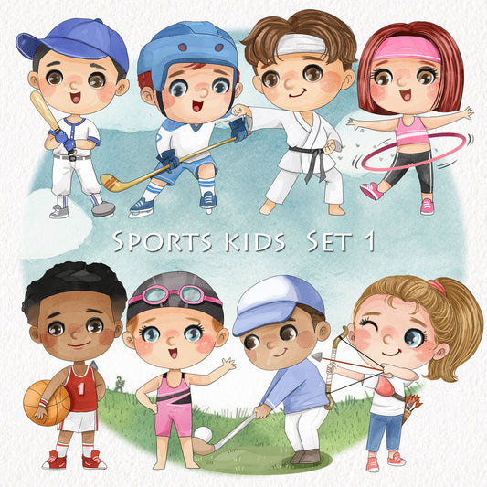 Sport Kids set 1, Kids Sport clipart, Hand drawn clipart, PNG files.