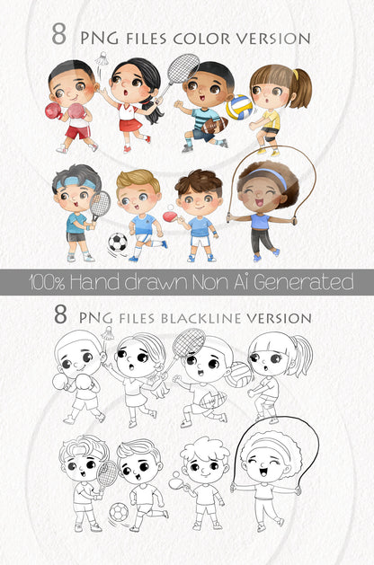 Sport Kids set 2, Kids Sport clipart, Hand drawn clipart, PNG files.