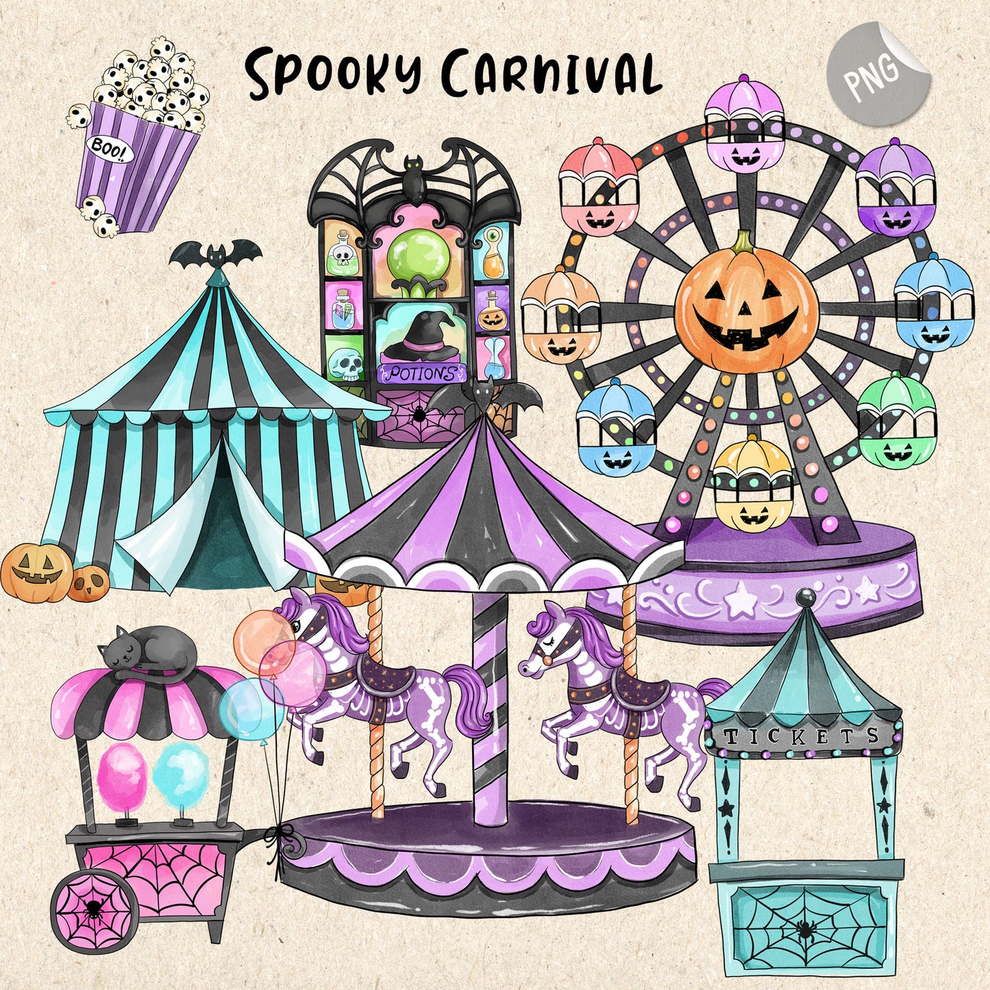 Spooky Carnival clipart PNG files.