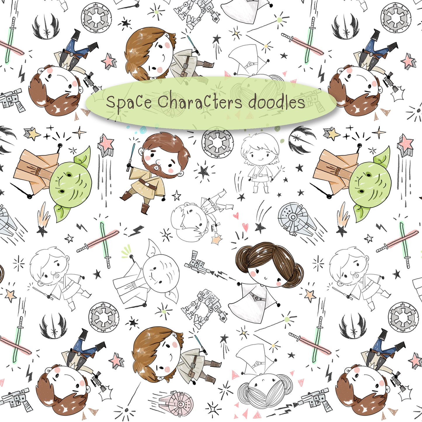 Space characters Hand Drawn ,doodle clipart, Seamless Pattern, instant download PNG file - 300 dpi