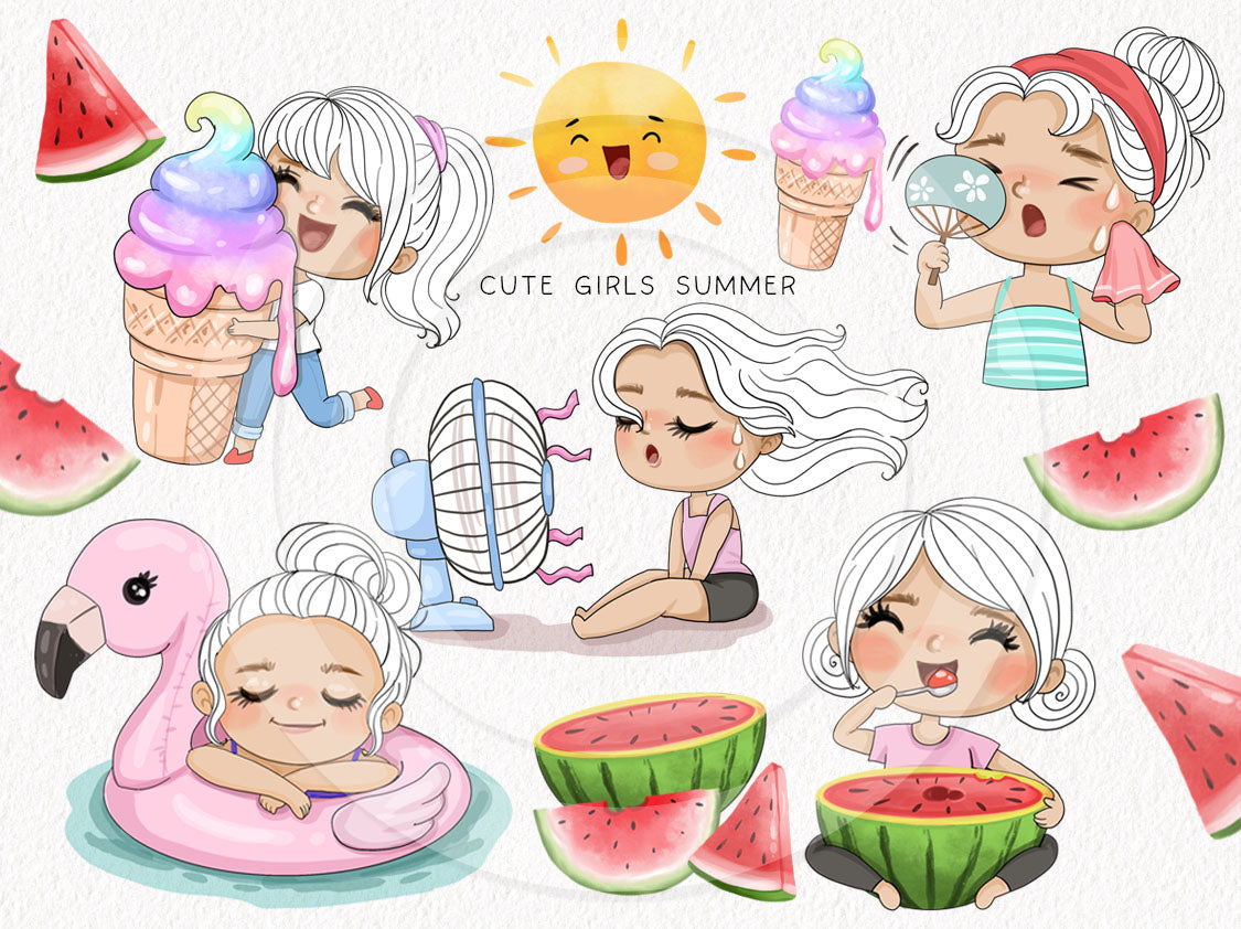 Cute summer girls clipart instant download PNG file - 300 dpi