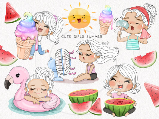 Cute summer girls clipart instant download PNG file - 300 dpi