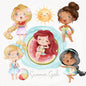 Summer cute girls clipart set 1, instant download PNG file - 300 dpi