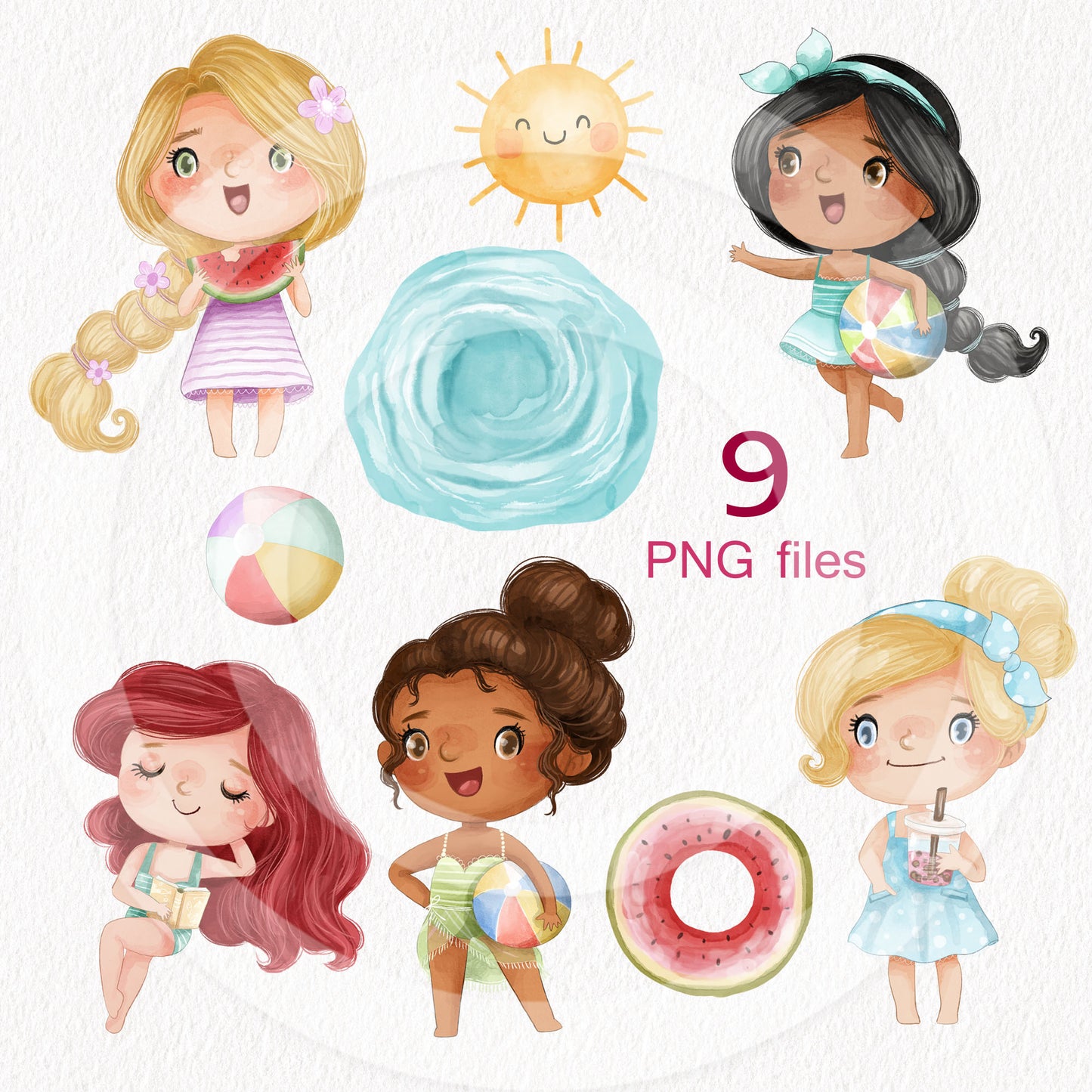 Summer cute girls clipart set 1, instant download PNG file - 300 dpi