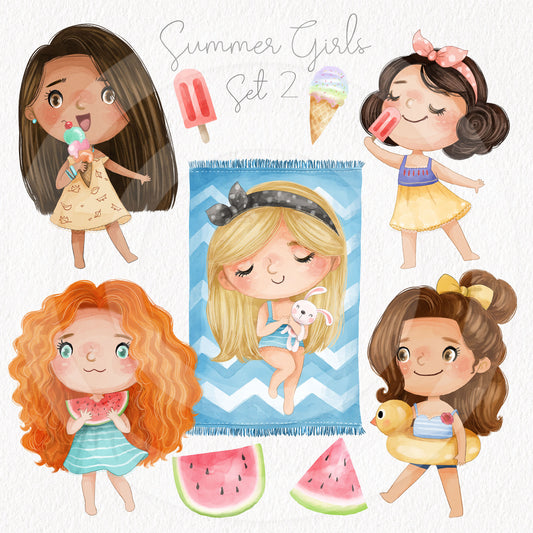 Summer cute girls clipart set 2, instant download PNG file - 300 dpi