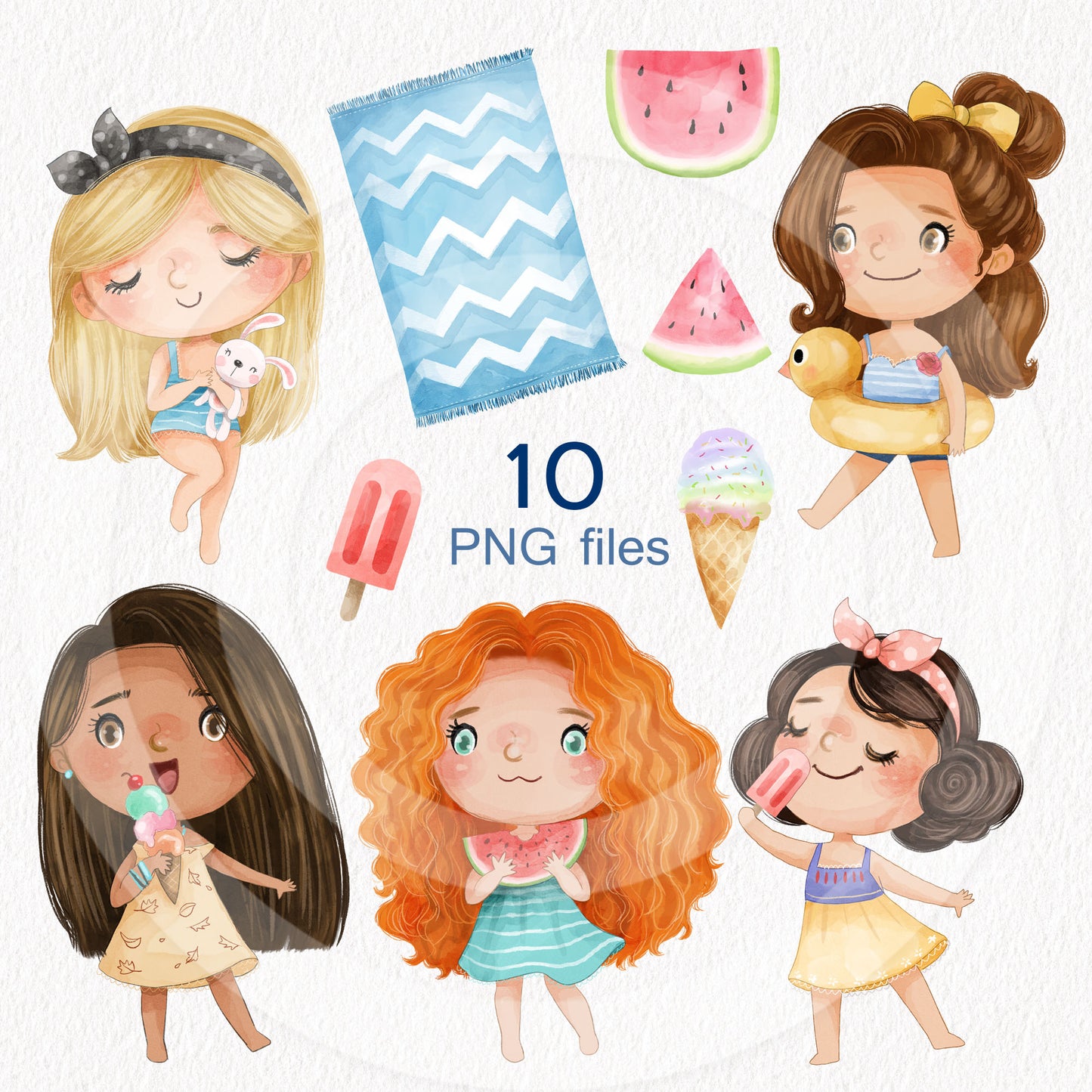 Summer cute girls clipart set 2, instant download PNG file - 300 dpi