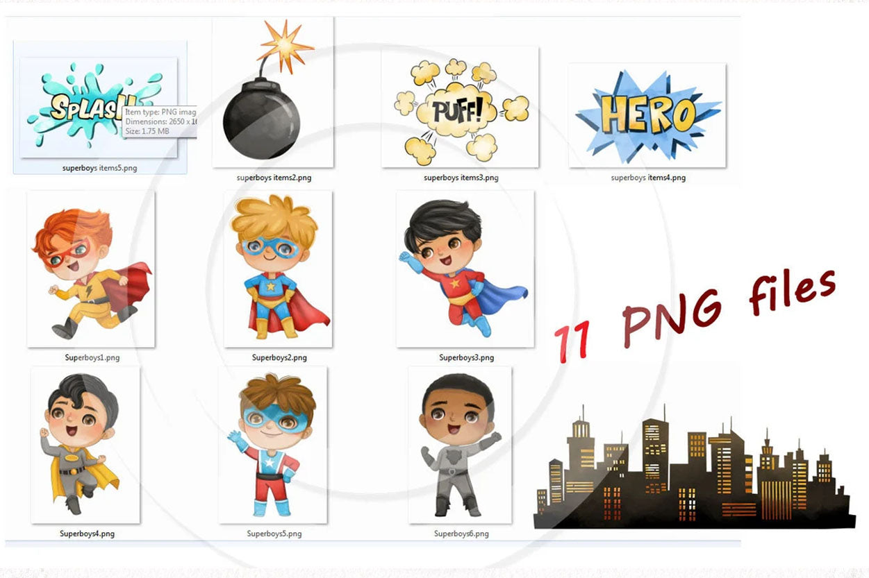 Cute Superhero Boys Clipart instant download PNG file - 300 dpi