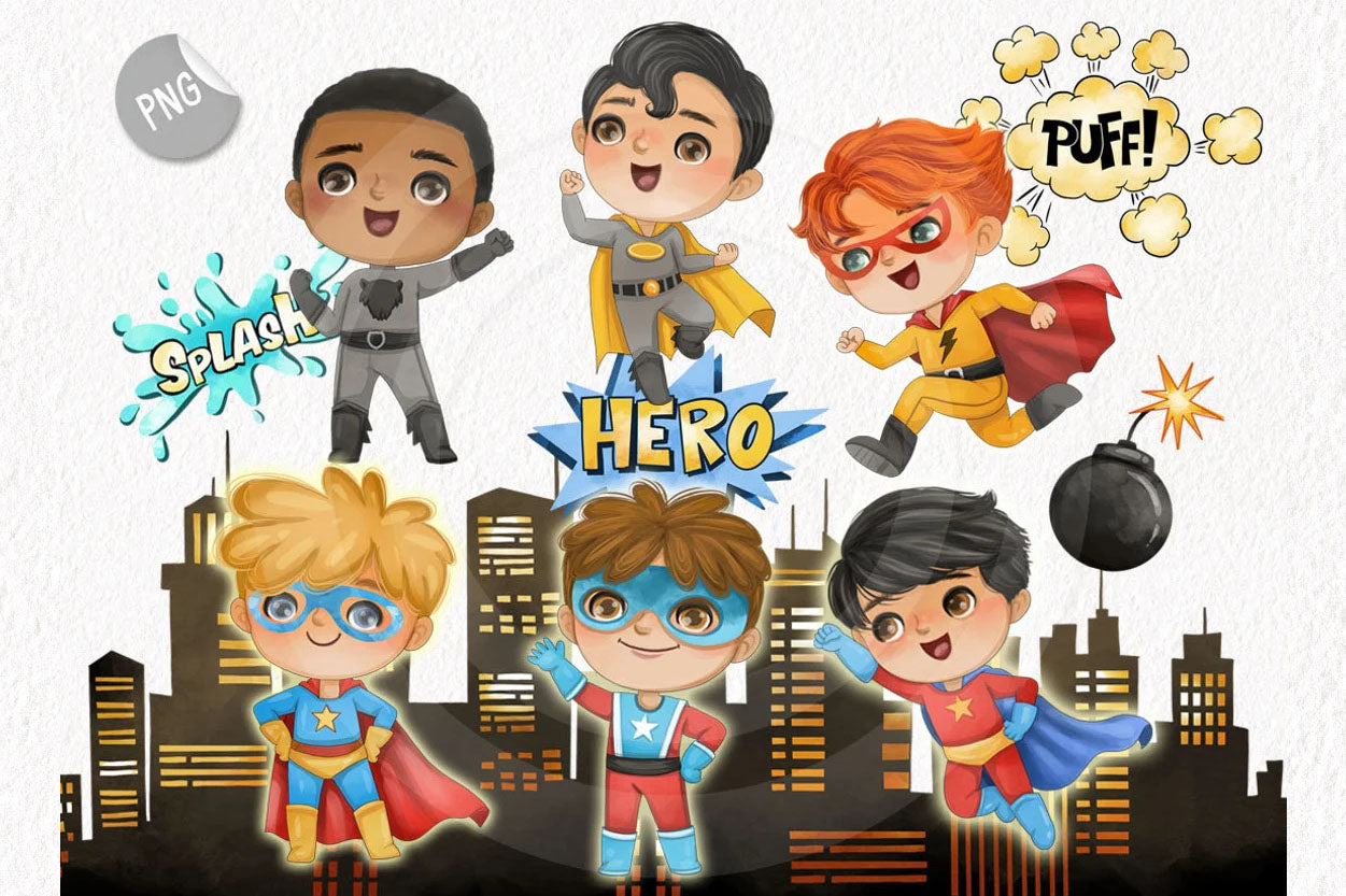 Cute Superhero Boys Clipart instant download PNG file - 300 dpi