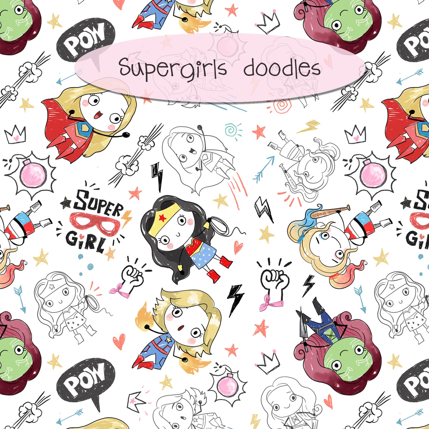 Super girls Hand Drawn ,doodle clipart, Seamless Pattern, instant download PNG file - 300 dpi