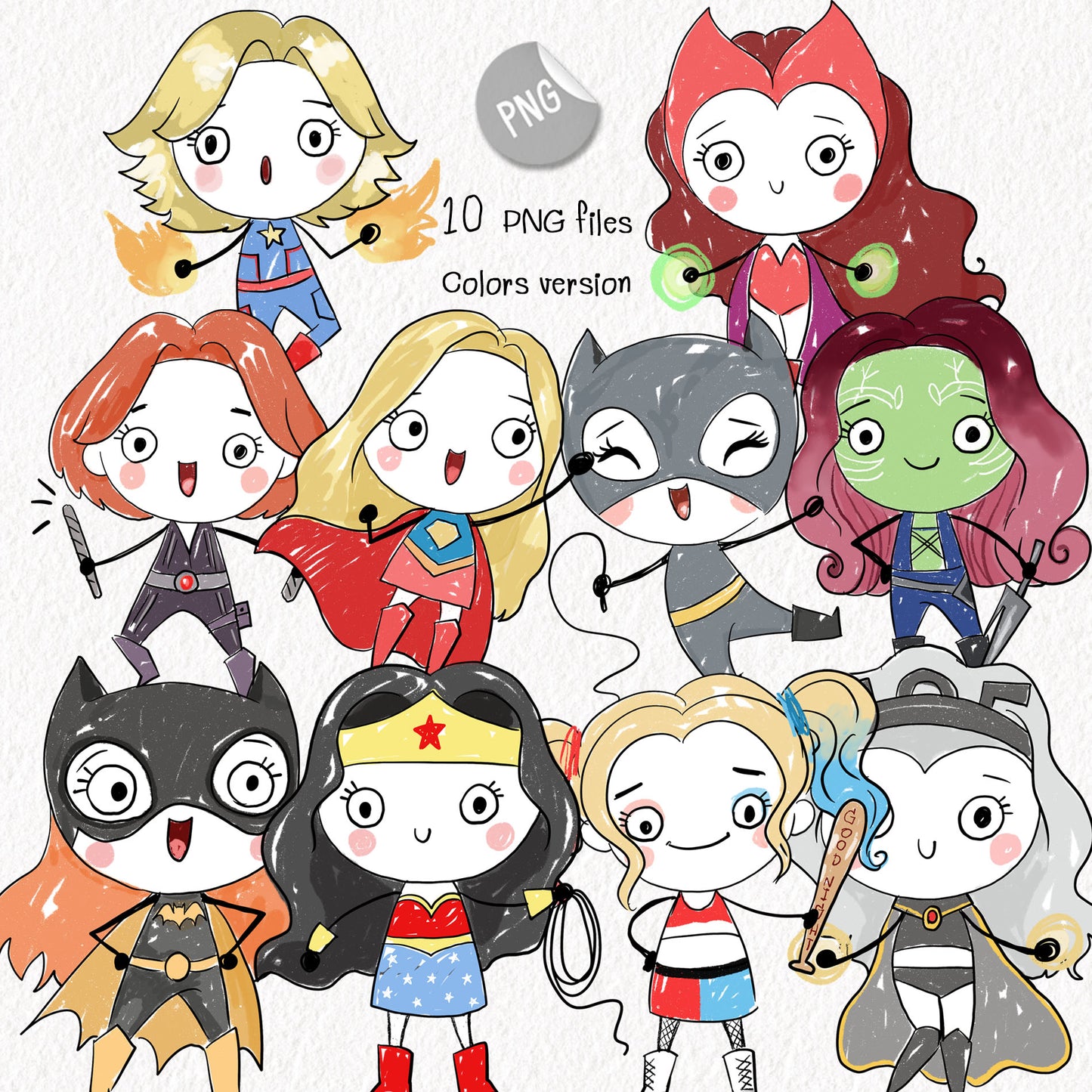 Super girls Hand Drawn ,doodle clipart, Seamless Pattern, instant download PNG file - 300 dpi
