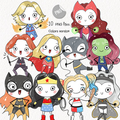Super girls Hand Drawn ,doodle clipart, Seamless Pattern, instant download PNG file - 300 dpi
