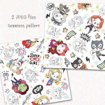 Super girls Hand Drawn ,doodle clipart, Seamless Pattern, instant download PNG file - 300 dpi