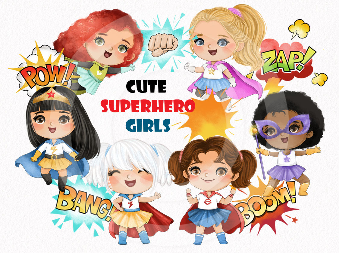 Cute Superhero Girls Clipart instant download PNG file - 300 dpi