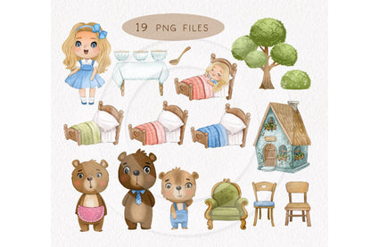 Goldilocks and The Three Bears clipart set PNG files.