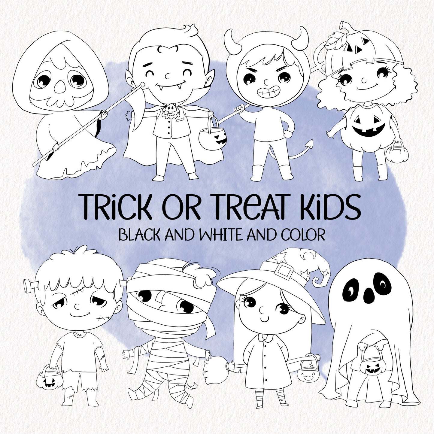 Trick or Treat Clipart. BLACK and WHITE and COLOR. Halloween clipart PNG files instant download PNG file - 300 dpi.