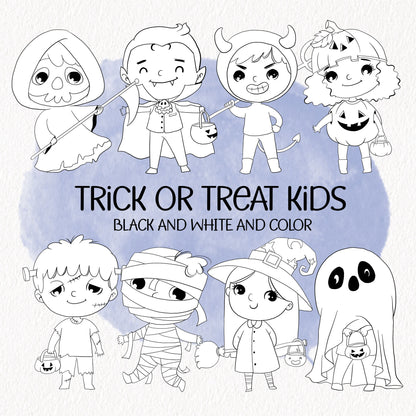 Trick or Treat Clipart. BLACK and WHITE and COLOR. Halloween clipart PNG files instant download PNG file - 300 dpi.