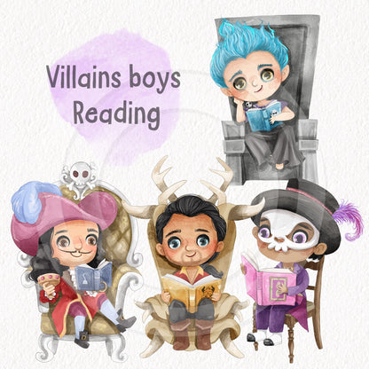 Cute Villains boys Read book ClipArt, instant download PNG file - 300 dpi