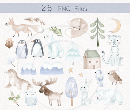 Winter animals clipart, winter clipart, instant download PNG file - 300 dpi