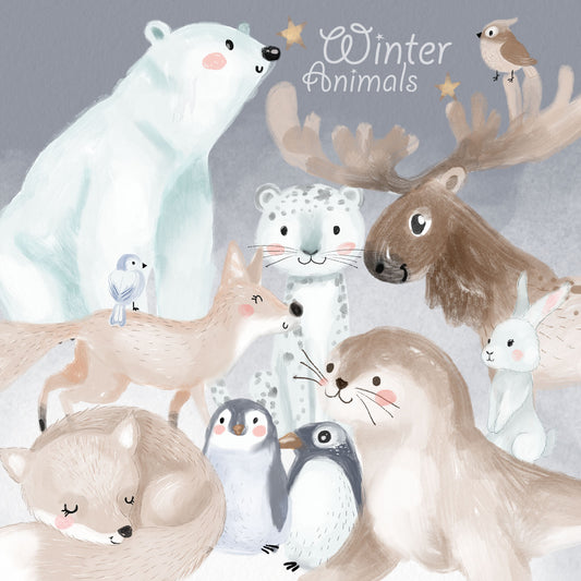 Winter animals clipart, winter clipart, instant download PNG file - 300 dpi