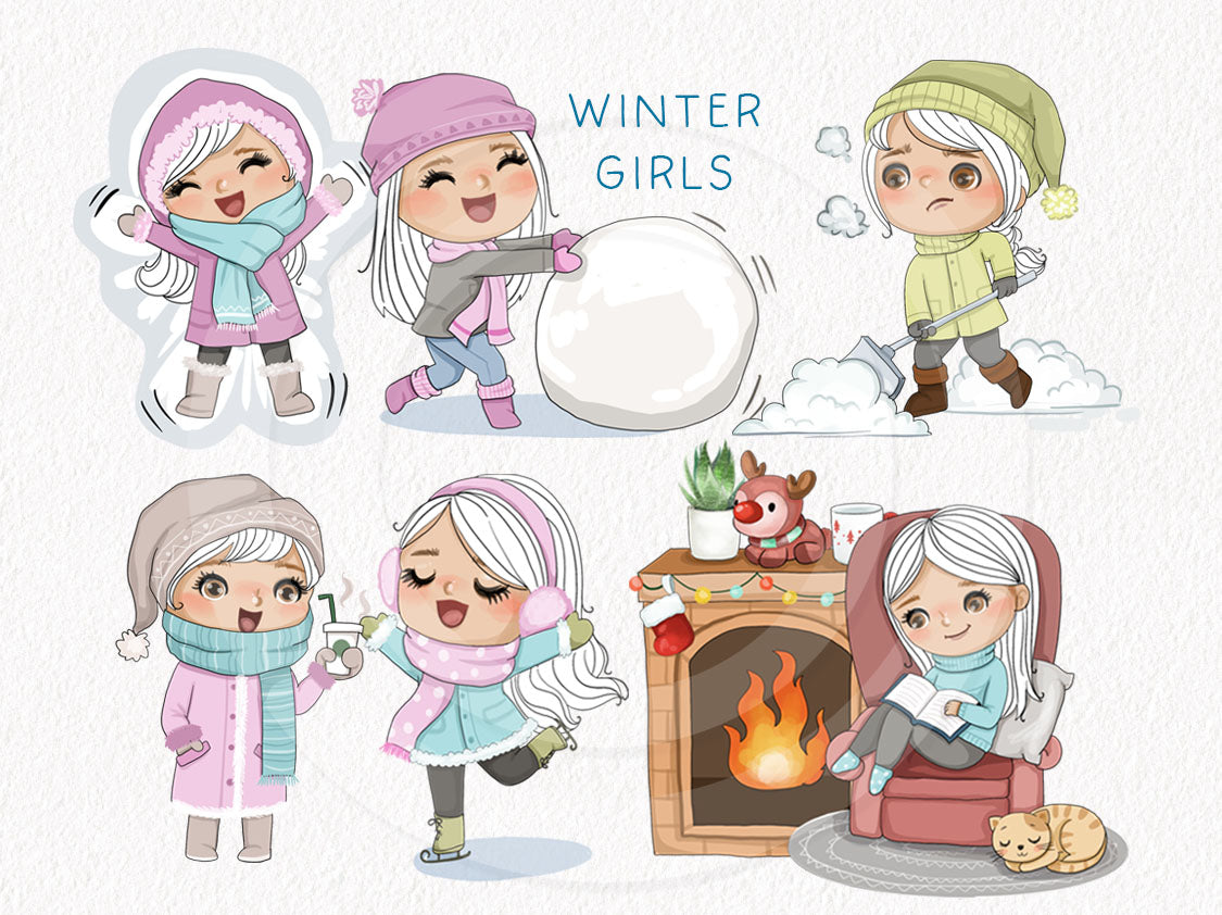 Cute winter girls clipart instant download PNG file - 300 dpi