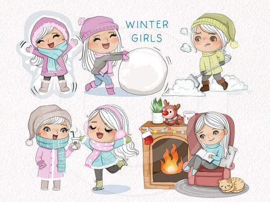 Cute winter girls clipart instant download PNG file - 300 dpi