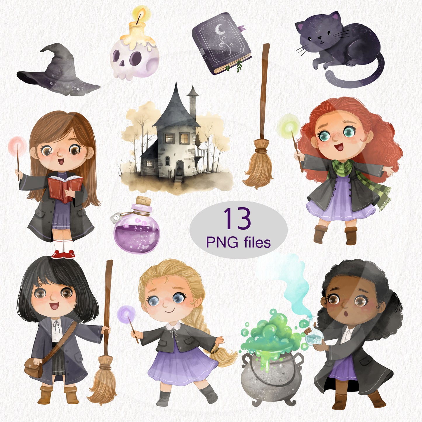 Witch cute girls , Halloween Girls clipart  instand download PNG file - 300 dpi