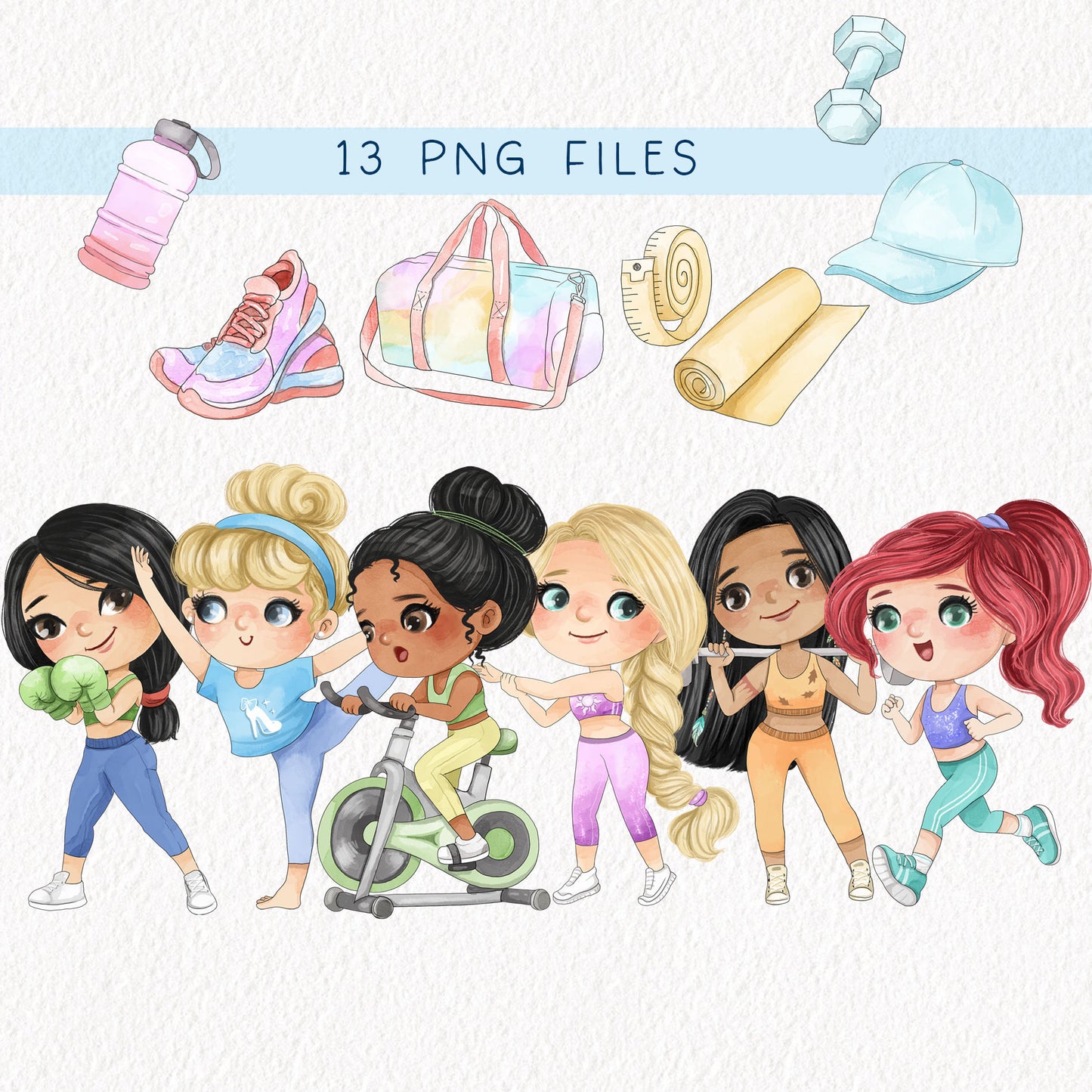 Cute girls workout set 1, PNG files 300 dpi.