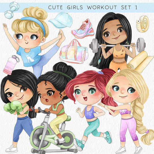 Cute girls workout set 1, PNG files 300 dpi.