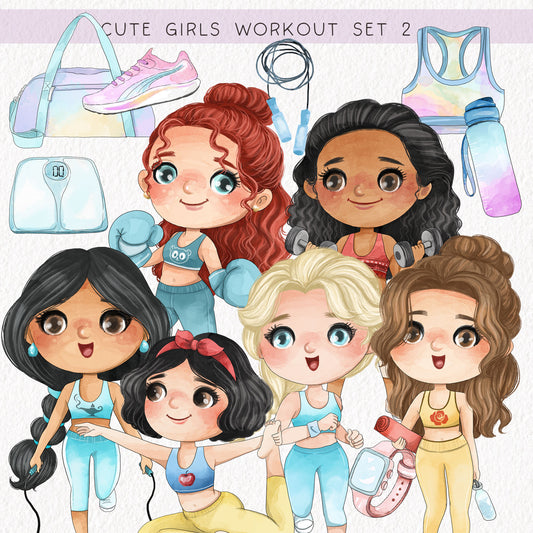 Cute girls workout set 2, PNG files 300 dpi.